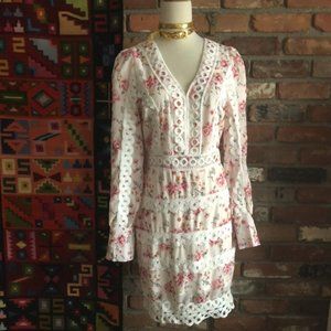 New CBR Pink Floral, Lace Over-lay, Puff Sleeve & Tapered Cuff Midi DRESS S-M